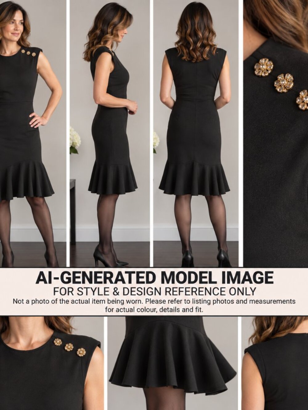 Melanie-Lyne Black Midi Dress with Jewel-Button Shoulders. Like New.
